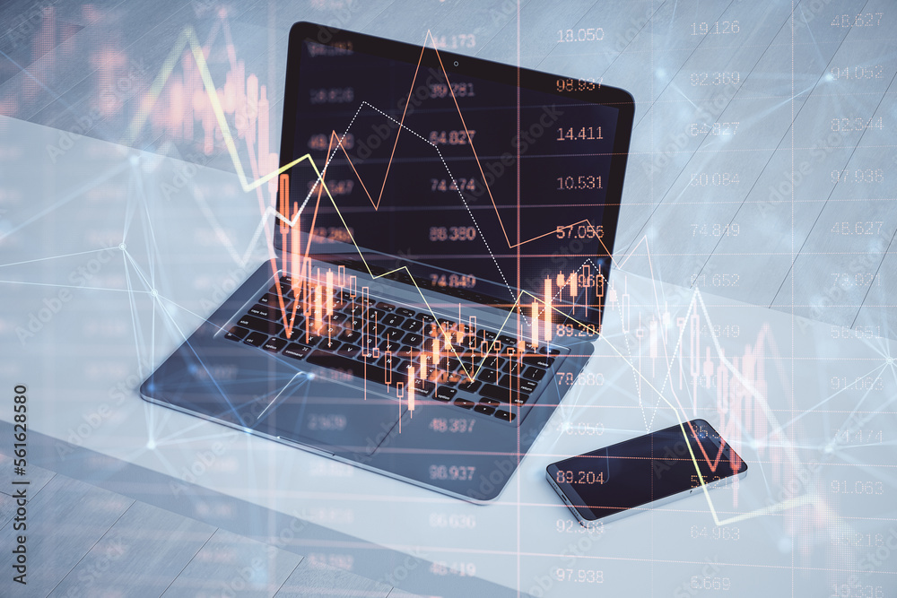 Aufkleber Close up of laptop and cellphone on desktop with falling red index candlestick graph on screen. Blurry background. Crisis, market fall, recession and money loss concept. Double exposure.