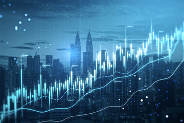Creative glowing blue candlestick chart on blurry city backdrop. Investment, finance and trade concept. Double exposure.