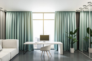 Front view on modern computer on white work table in stylish home office with cozy light sofa, green curtain and city view from big windows background. 3D rendering