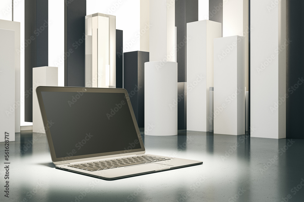 Fototapete Close up of laptop computer in spotlight and with empty mock up screen, placed on abstract geometric background. Product and device presentation concept. 3D Rendering.