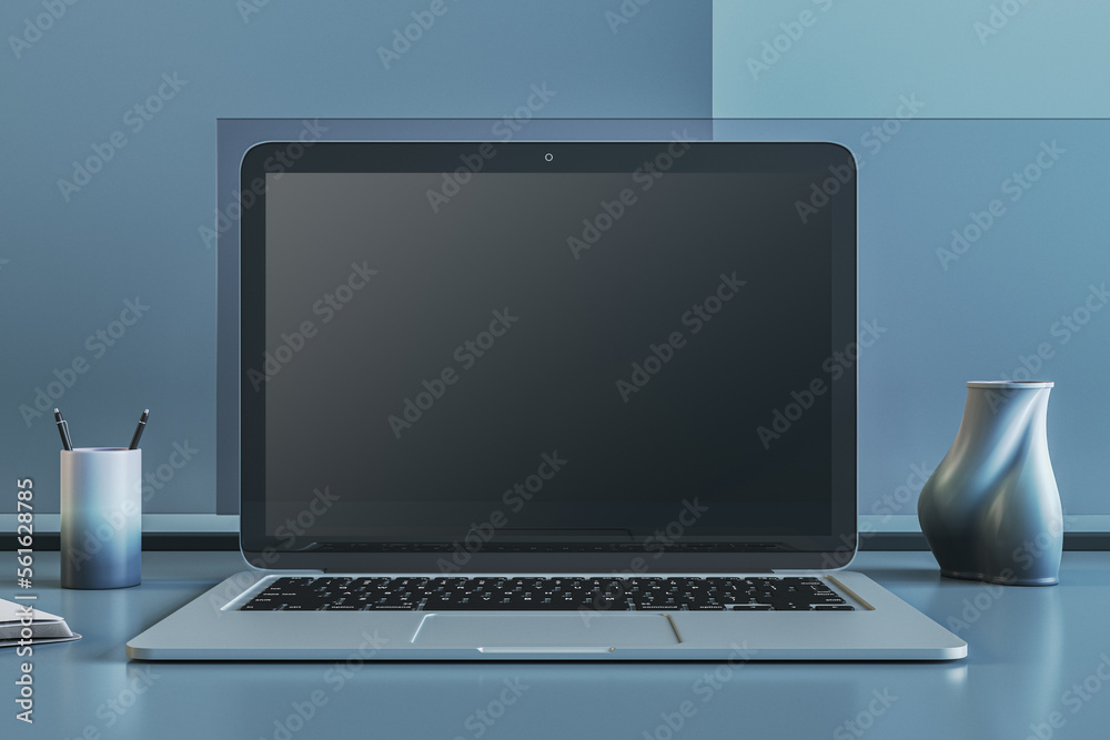 Poster Close up of empty laptop on blue office desktop with supplies and mock up place. Workspace concept. 3D Rendering.