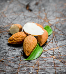 Almonds with leaves.