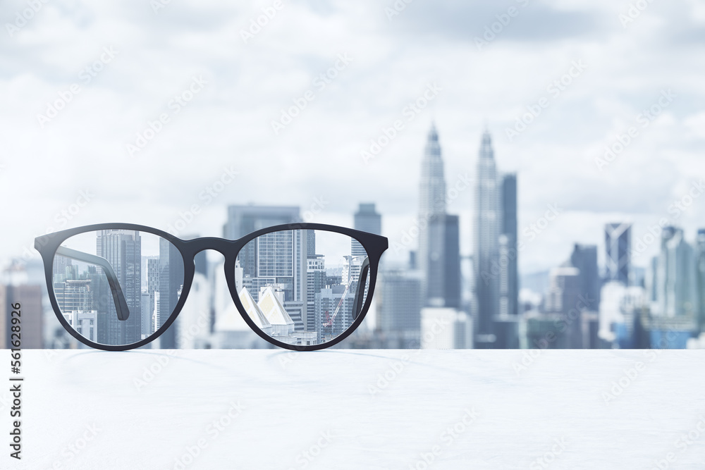 Poster Look through glasses at blurred city with mock up place on sky background. Vision and perspective concept. 3D Rendering.