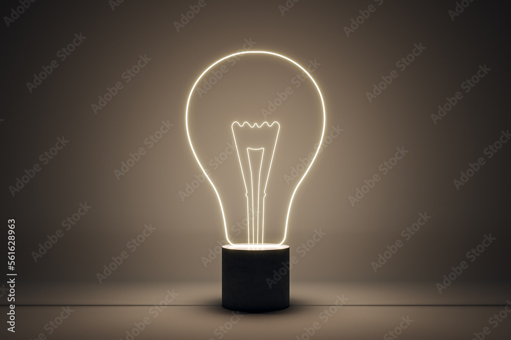 Poster Innovation and creative idea concept with digital soft illuminated light bulb on brown shadows background. 3D rendering