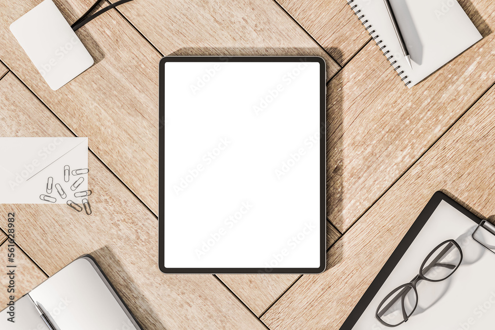 Aufkleber top view on blank white modern digital tablet screen with space for your logo or text on wooden surf