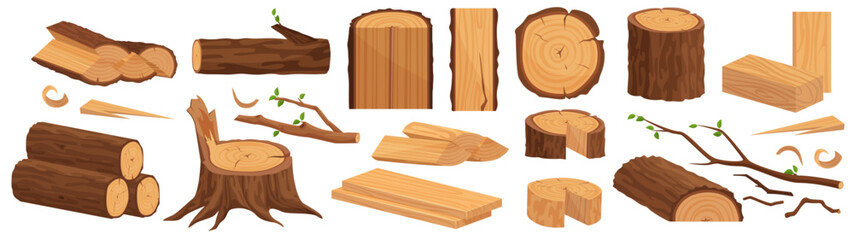 Firewood, trunks stump, planks, forestry and lumber industry cartoon flat vector illustration set - obrazy, fototapety, plakaty