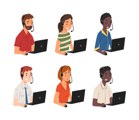 Support service operators with headsets set. Customer service, call center, hotline cartoon vector illustration