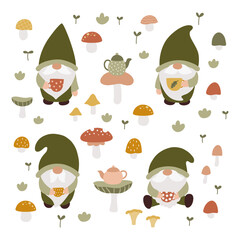Garden gnomes with cups. Tea time. Hand drawn mushrooms. Fairy tale cartoon characters. Vector illustration.