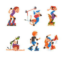 Children rollerblading and riding kick scooter set cartoon vector illustration