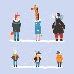 Set animals in warm winter clothes. Fox, giraffe, elephant, rabbit, mouse, hedgehog walking outdoors in cold weather cartoon vector