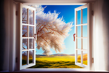  Window with  landscape view.  Open window to the garden. Generative AI.