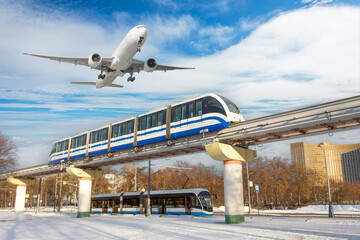 View railway track suburban electric monorail train rushing departure area airfield. Passenger...