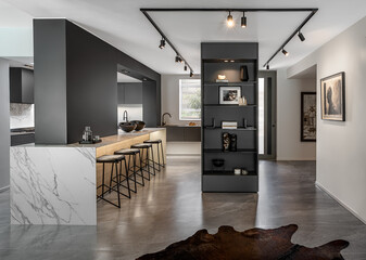 sleek modern kitchen with white marble countertop - obrazy, fototapety, plakaty