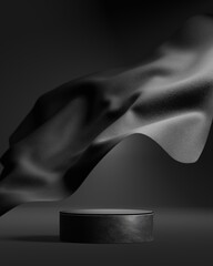 Minimal black display podium or pedestal background showcase. Black cloth in motion. Beauty cosmetic product stage presentation illustration. 3d render