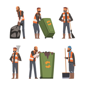 Man garbage collector collecting and sorting waste for recycling. Janitor, sweeper, cleaner cleaning street cartoon vector illustration