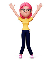 Happy women raise both hands, 3d rendering