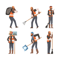 Janitor, sweeper cleaning street with working tools set cartoon vector illustration