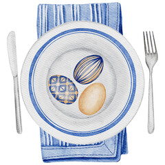 Easter table decor with ceramic easter decorated plate lies on the napkin and easter painted eggs, knife and fork. Transparent background PNG