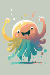 Cartoon octopus. Vector drawing of cute smiling marine life. Isolated sea creature. Funny squid baby. Isolated fun art. Birthday party card. Adorable fish. Positive wildlife mascot with tentacles. 