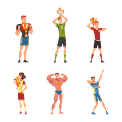 Set of athletes with award cups and medals set. Sports competition winners cartoon vector illustration