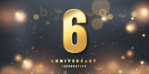 6th Year anniversary celebration background. 3D Golden number with Shiny Glitter lights In black dark night background. - obrazy, fototapety, plakaty