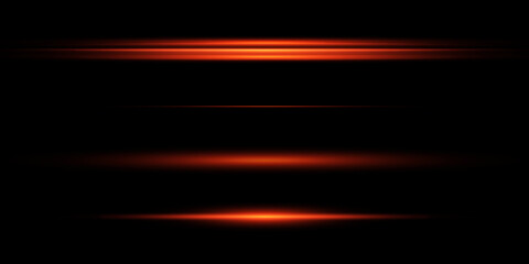 Red horizontal lens flares pack. Laser beams, horizontal light rays.Beautiful light flares. Glowing streaks on dark background.