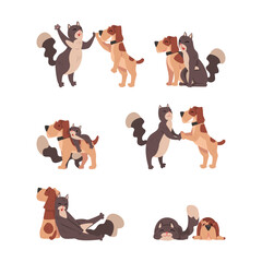 Cute dog and cat are best friends set. Funny pet animals hugging and playing together cartoon vector illustration