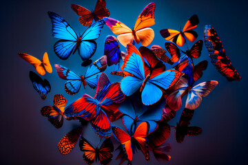 Colored butterflies in different colors on blue background. Generative AI.