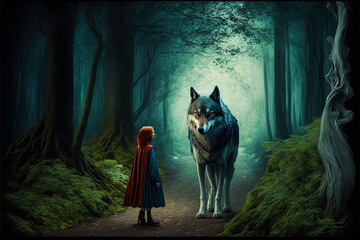 Little Red Riding Hood traveling through a dark and mysterious forest, confronting a fearsome wolf. Realistic illustration of a classic tale. Light that adds to the ominous atmosphere.