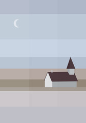 Church on the beach landscape. Flat vector illustration.