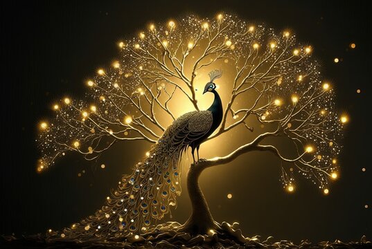 gold feather peacock bird on golden leaves tree, idea for prosperity and power symbol  Generative Ai