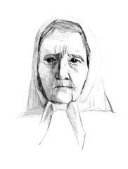 Pencil drawing. Old grandmother in a headscarf