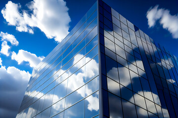Fototapeta na wymiar Glass building under blue sky and white clouds. Generative AI.