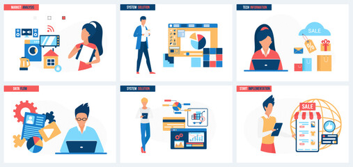 System solutions, data flow for market analysis and technical information set vector illustration. Cartoon tiny people work with digital content, business process gears and dashboards with charts