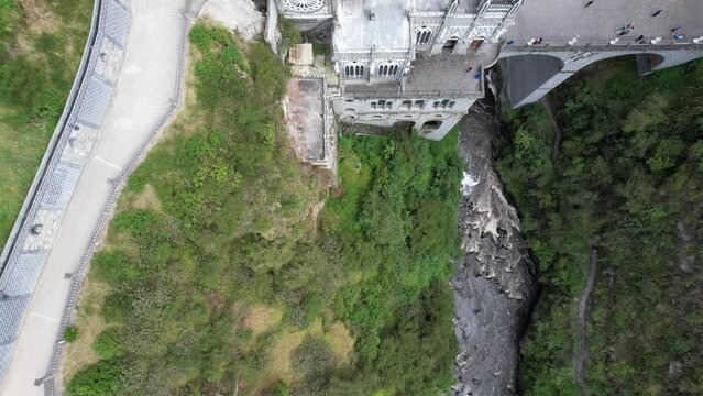 Aerial over the National Shrine Basilica of Our Lady of Las Lajas over the Gu&aacute;itara River in Narino Department of Colombia in Ipiales, considered one of the most beautiful churches in the world