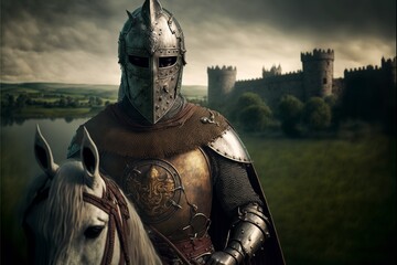 Landscape medieval knight in armor and castle in background. AI digital illustration - obrazy, fototapety, plakaty