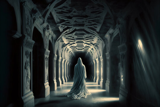 Ghost walking the mansion corridors AI generative	