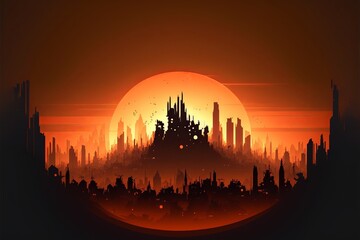 Landscape with futuristic city and sunset, steampunk style. AI digital illustration