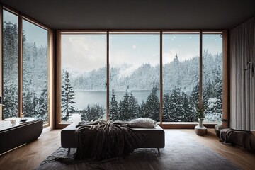 Beautiful Modern Showcase Interior with Large Windows with Winter Forest Snow Views Made with Generative AI