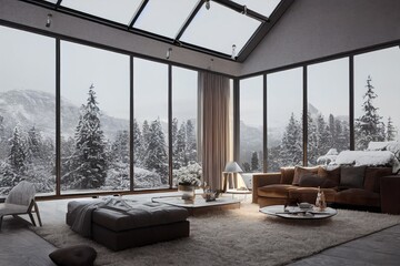 Beautiful Modern Showcase Interior with Large Windows with Winter Forest Snow Views Made with Generative AI