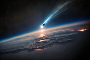 Comet passing close to Earth, visualization from space. AI digital illustration