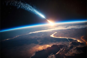 Comet passing close to Earth, visualization from space. AI digital illustration