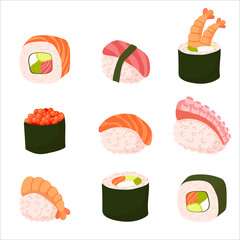 Set for sushi. Different types of sushi and rolls. Traditional Japanese roll, with tobiko caviar, original with Philadelphia cheese and soy sauce, salmon and king prawns. Vector illustration