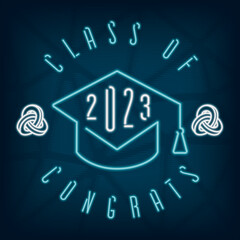 Class of 2023 Logo with Neon Sign Style Square Academic Graduation Cap Single Line Numerals and Lettering - Turquoise on Dark Background - Gradient Graphic Design