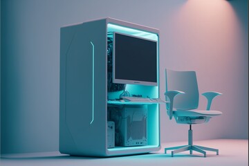 Illustration of futuristic gamer setup, computer and gamer chair, gradient background. AI