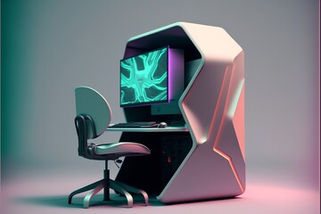 Illustration of futuristic gamer setup, computer and gamer chair, gradient background. AI