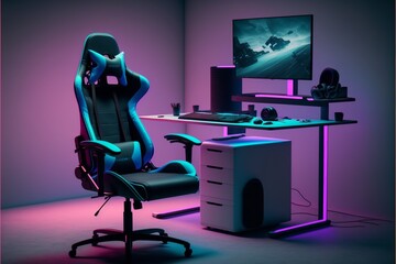 Illustration of futuristic gamer setup, computer and gamer chair, gradient background. AI - obrazy, fototapety, plakaty