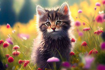 Little kitten in grass and flowers.  Generative AI.