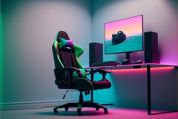 Illustration of gamer setup, computer and gamer chair, gradient background. AI