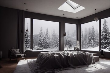 Cozy Minimal Modern Interior with Skylight in Winter Made with Generative AI